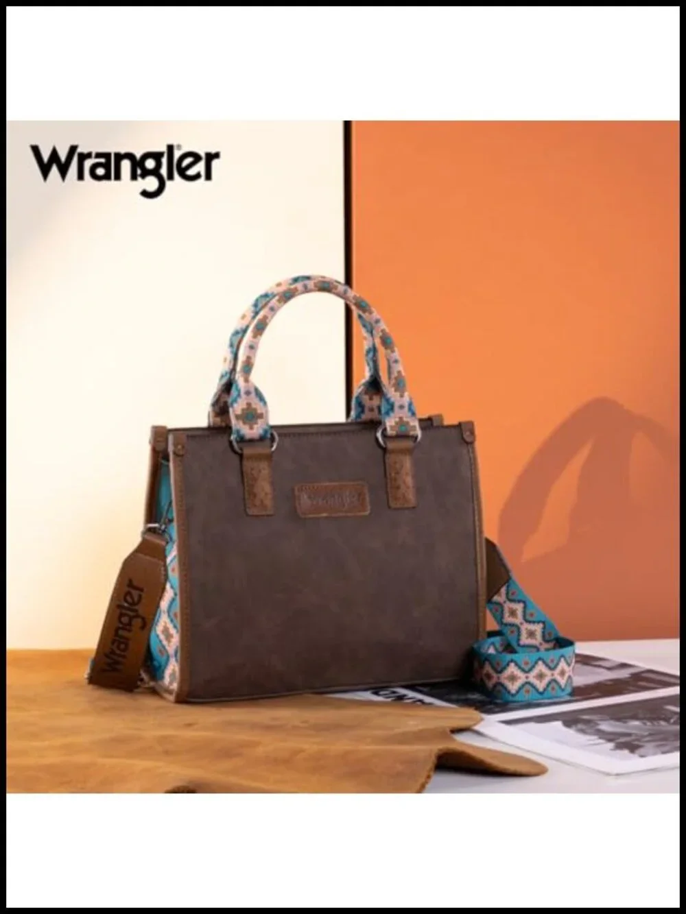 Faux Leather Western Aztec Print Tote Purse with Whipstitch Details